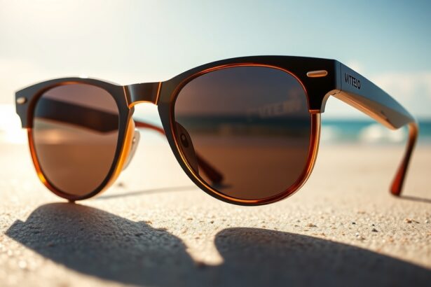 Divatos napszemüveg a tengerparton, UV-szűréssel.