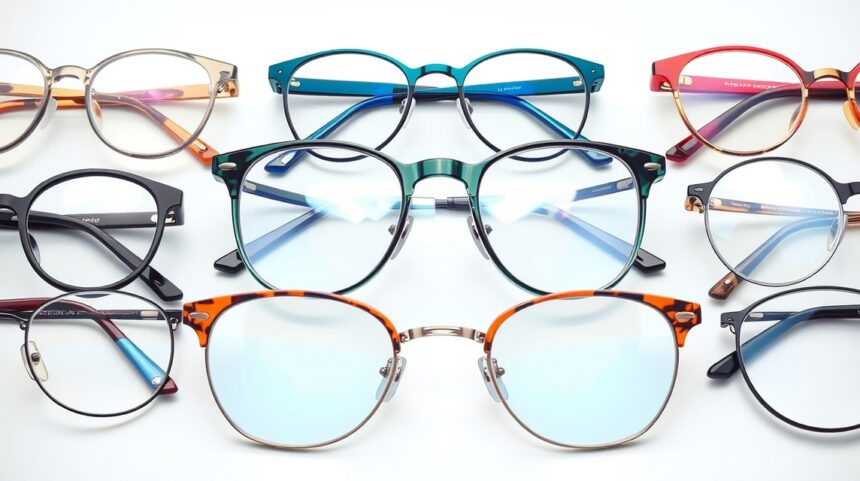 Különböző típusú szemüvegek színes keretekkel és lencsékkel.