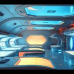 Modern szolárium belső tér, világító lámpákkal és napozóágyakkal.