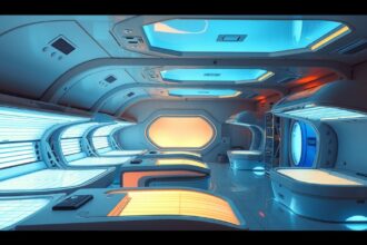 Modern szolárium belső tér, világító lámpákkal és napozóágyakkal.