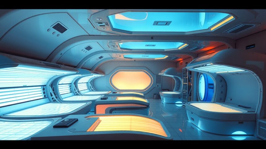 Modern szolárium belső tér, világító lámpákkal és napozóágyakkal.