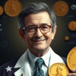 Tudós Nobel-díjjal, háttérben tudományos szimbólumok.