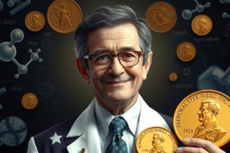 Tudós Nobel-díjjal, háttérben tudományos szimbólumok.