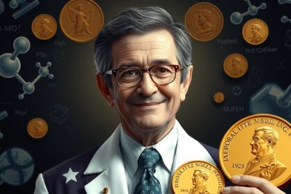 Tudós Nobel-díjjal, háttérben tudományos szimbólumok.