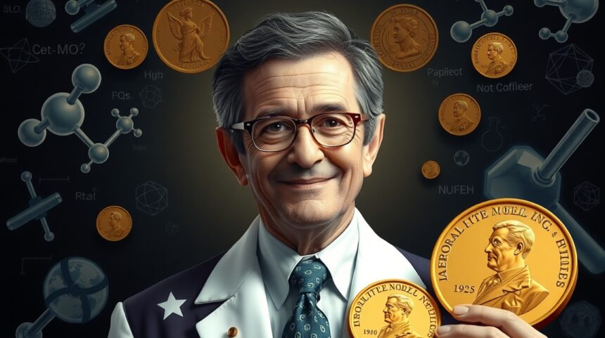 Tudós Nobel-díjjal, háttérben tudományos szimbólumok.