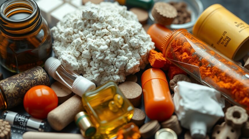 Különböző narkotikumok és pszichoaktív szerek a képen.