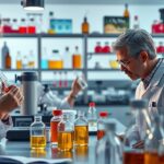 Munkában lévő kutatók a laboratóriumban, Tiabendazol vizsgálata.