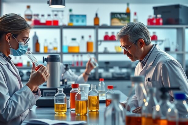 Munkában lévő kutatók a laboratóriumban, Tiabendazol vizsgálata.