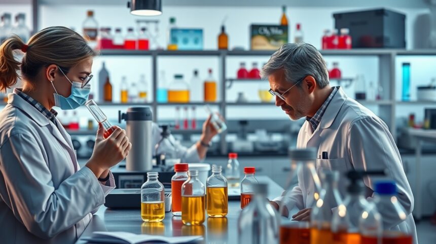 Munkában lévő kutatók a laboratóriumban, Tiabendazol vizsgálata.