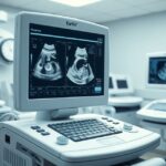 Ultrahang diagnosztikai gép a kórházban, terhességi vizsgálat.