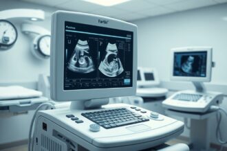 Ultrahang diagnosztikai gép a kórházban, terhességi vizsgálat.