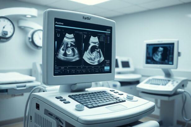 Ultrahang diagnosztikai gép a kórházban, terhességi vizsgálat.