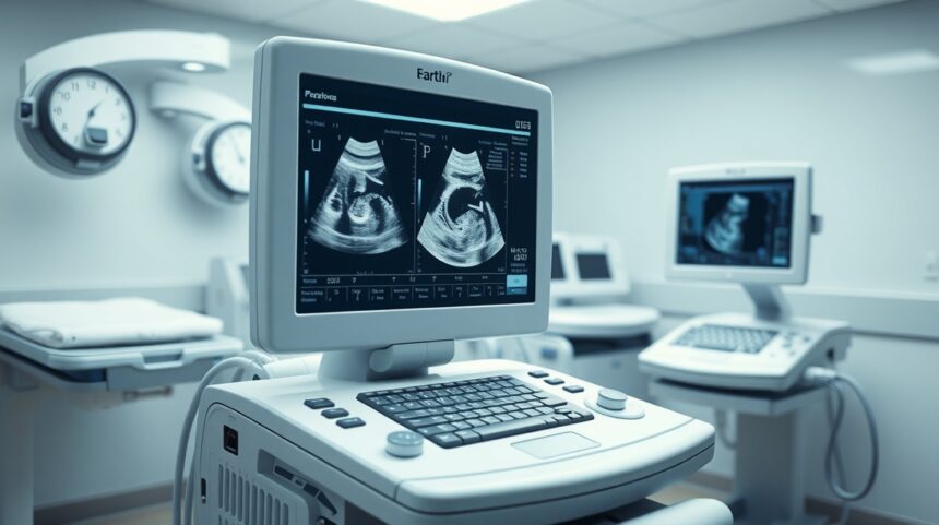 Ultrahang diagnosztikai gép a kórházban, terhességi vizsgálat.