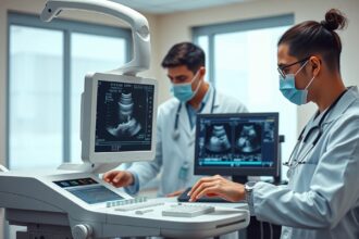 Ultrahangos vizsgálat orvosi környezetben, szakemberek munka közben.