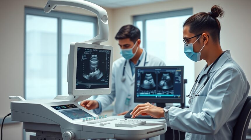 Ultrahangos vizsgálat orvosi környezetben, szakemberek munka közben.