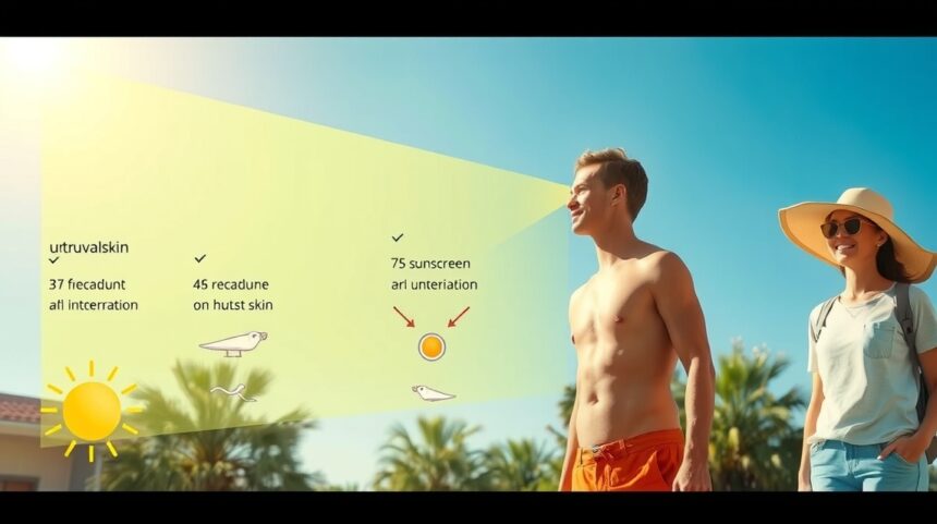 Fiatal pár napsütésben, UV-sugárzási információkkal