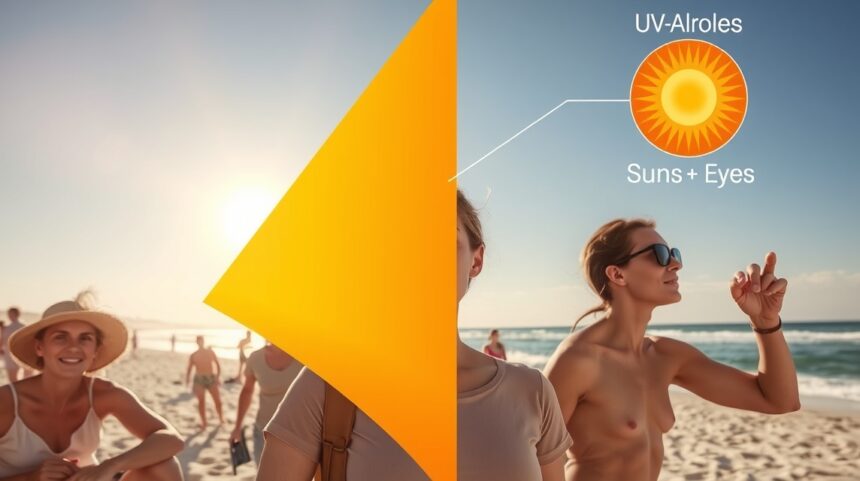 Nők a strandon, védő napszemüveget viselve UV-A sugárzás ellen