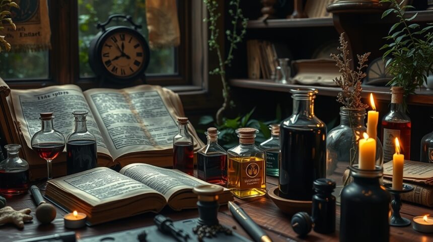 Válogatás különböző színezékek és könyvek az asztalon