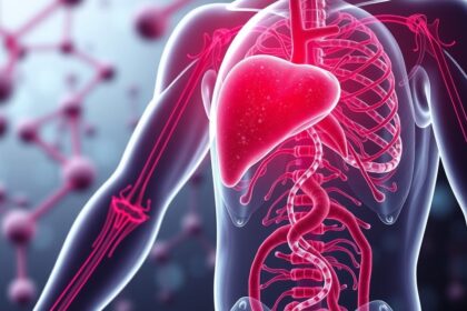 Az emberi test belső szerveinek ábrázolása, kiemelve a májat.