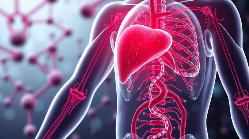 Az emberi test belső szerveinek ábrázolása, kiemelve a májat.