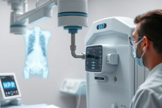 Orvosi röntgenujjlenyomat készülék működés közben, háttérben a légzőszervi struktúrák képe.