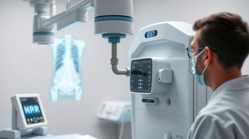 Orvosi röntgenujjlenyomat készülék működés közben, háttérben a légzőszervi struktúrák képe.