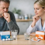 Felnőttek köhögéssel és gyógyszerek tanácsadás közben.