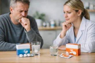 Felnőttek köhögéssel és gyógyszerek tanácsadás közben.