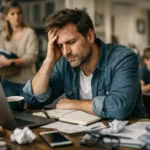 Felnőtt férfi ADHD miatt stresszel a munkahelyén, zűrzavaros asztalon.