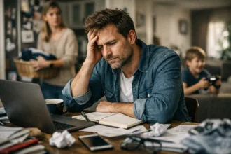 Felnőtt férfi ADHD miatt stresszel a munkahelyén, zűrzavaros asztalon.