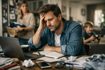 Felnőtt férfi ADHD miatt stresszel a munkahelyén, zűrzavaros asztalon.