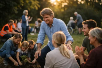Közösségi faültetés során emberek együttműködnek és tapasztalatokat osztanak meg.