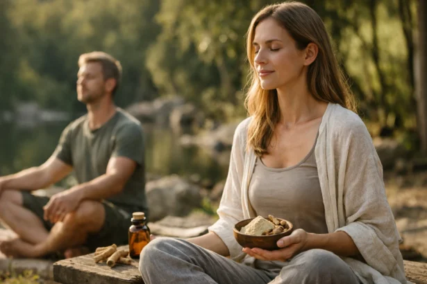Nő meditál ashwagandha táplálékkiegészítővel a természetben.