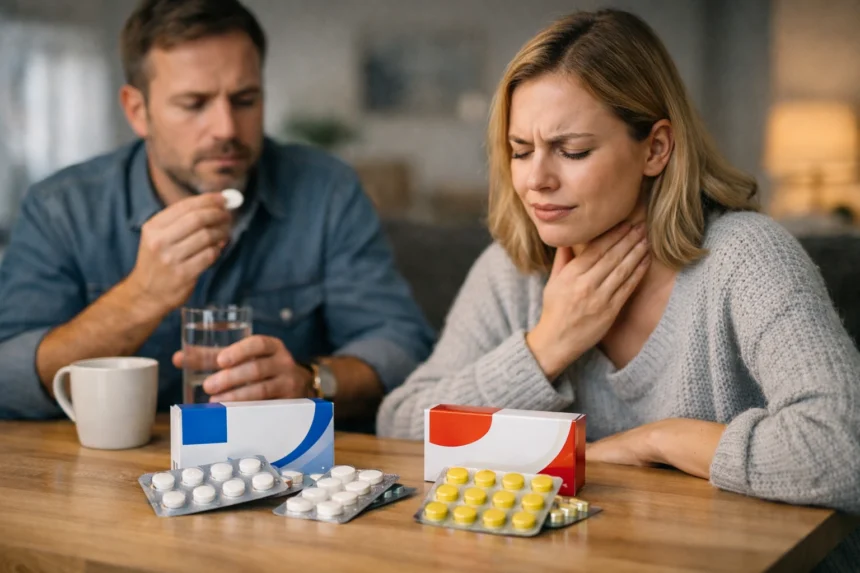 Két gyógyszer, Strepsils és Dorithricin, torokfájás kezelésére.