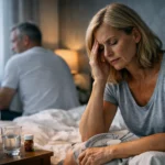 Nő, aki hőhullámok miatt szenved a hálószobában