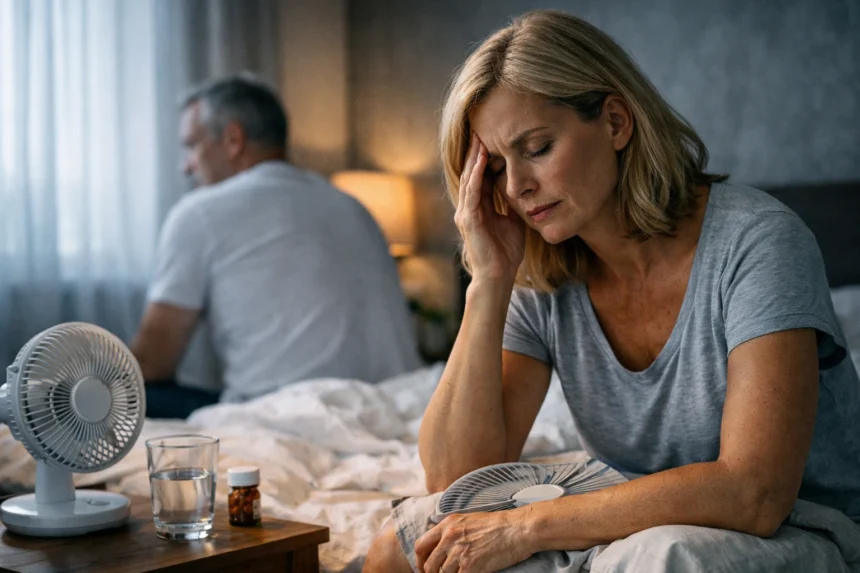 Nő, aki hőhullámok miatt szenved a hálószobában