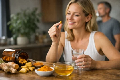 Nő kurkuma kapszulát tart, vízzel étkezik