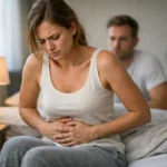 Nő fáradtsággal és hasi fájdalommal küzd, progeszteron hatásai.