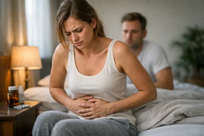 Nő fáradtsággal és hasi fájdalommal küzd, progeszteron hatásai.