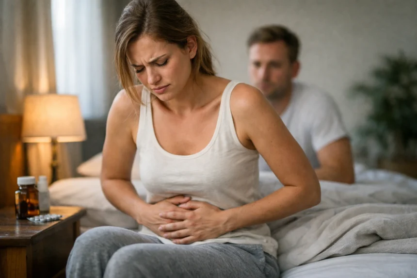 Nő fáradtsággal és hasi fájdalommal küzd, progeszteron hatásai.