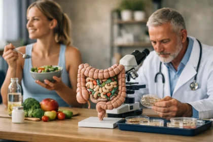 Egészséges táplálkozás és mikrobiom kutatás az orvosi laborban.