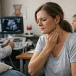 Nő orvosi vizsgálaton, pajzsmirigy problémákkal küzd.