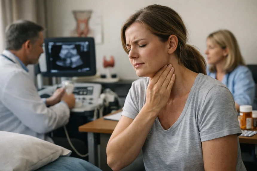 Nő orvosi vizsgálaton, pajzsmirigy problémákkal küzd.