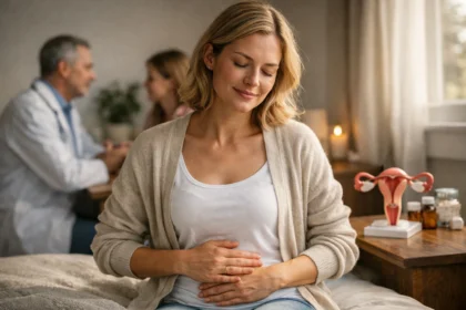 Nő relaxál a terhesség alatt, progeszteron szerepe az egészségben.