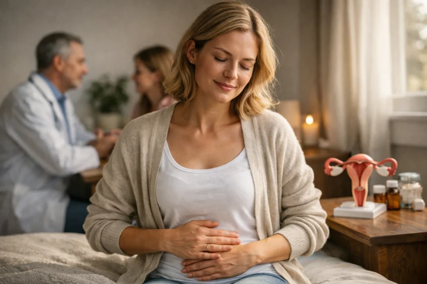 Nő relaxál a terhesség alatt, progeszteron szerepe az egészségben.