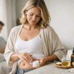 Nő progeszteron krémet alkalmaz a hasán, egészséges életmód