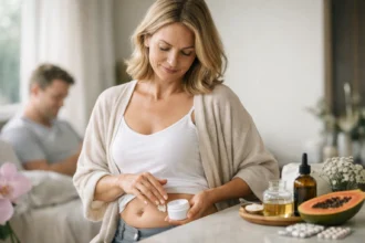 Nő progeszteron krémet alkalmaz a hasán, egészséges életmód