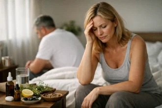 Fáradt nő, aki progeszteronhiány tüneteit tapasztalja