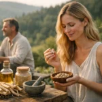 Nő természetes gyógynövényekkel és Shatavari gyökérrel a szabadban