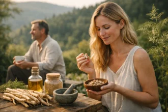 Nő természetes gyógynövényekkel és Shatavari gyökérrel a szabadban